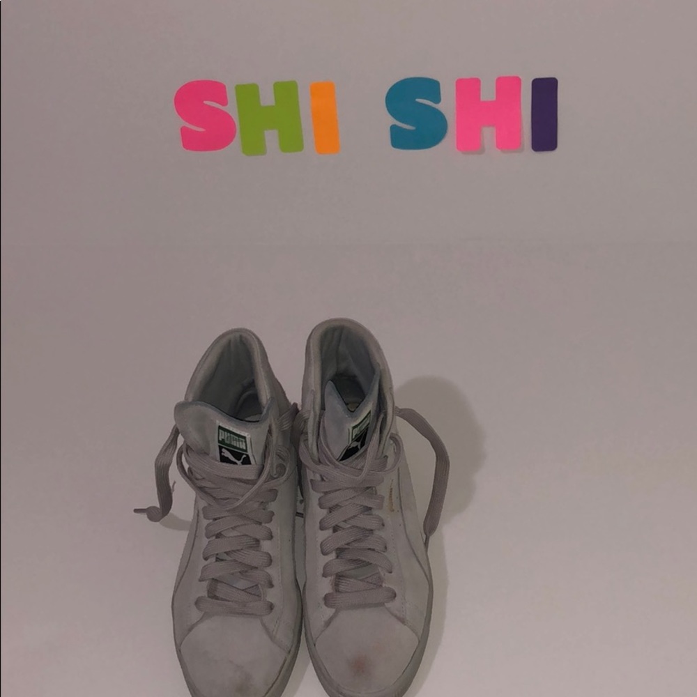 Grey puma suede high tops WORN sz8